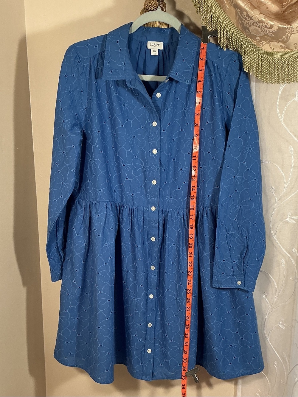 J. Crew Blue Cotton Eyelet Button Front Long Sleeve Dress Sz 10 Mini Boho - Picture 5 of 11